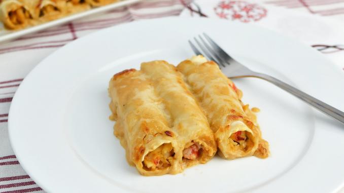 Canelones de gambones y merluza